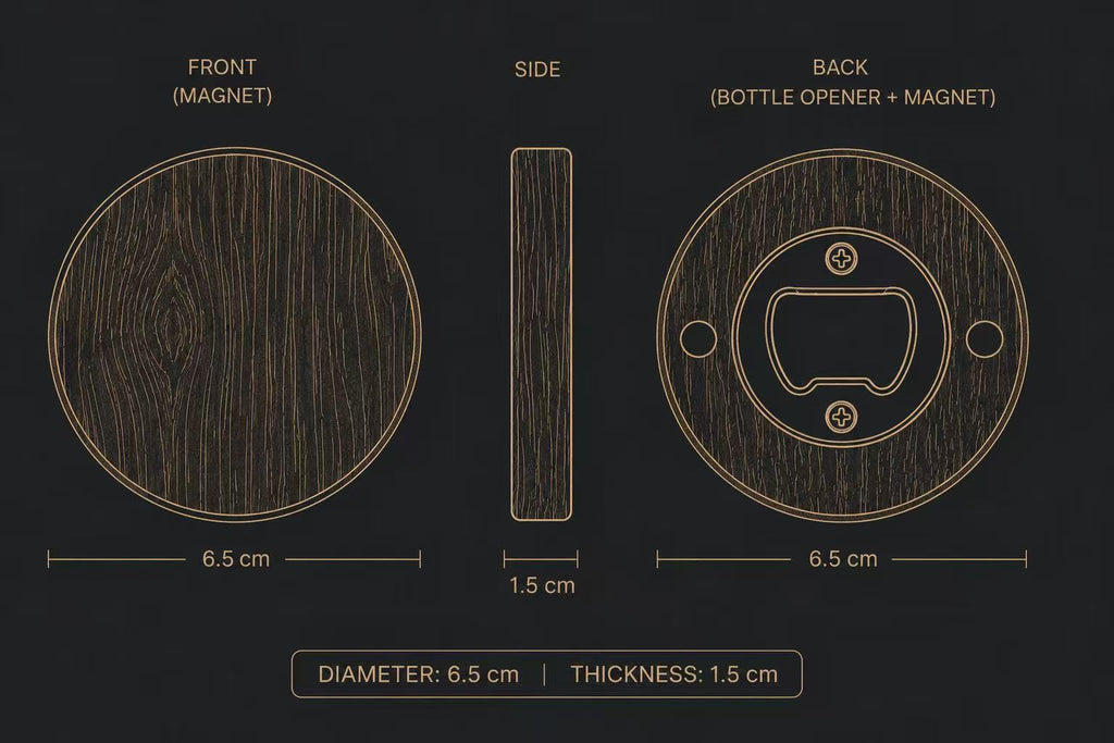 Bottle opener and magnet dimensions and construction