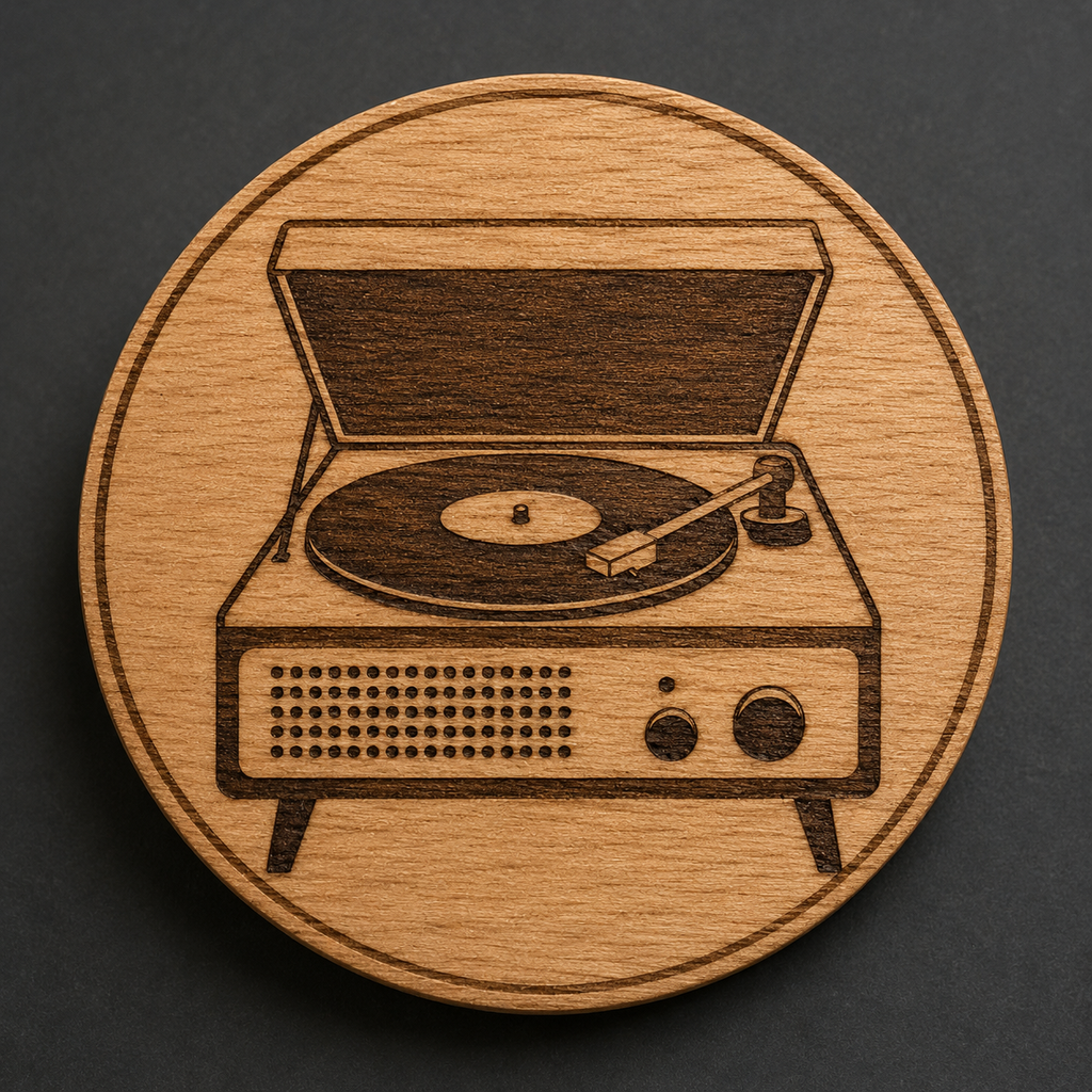 Mid-Century Record Player wooden magnet and bottle opener front view