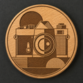 Bauhaus Camera wooden bottle opener and magnet front view