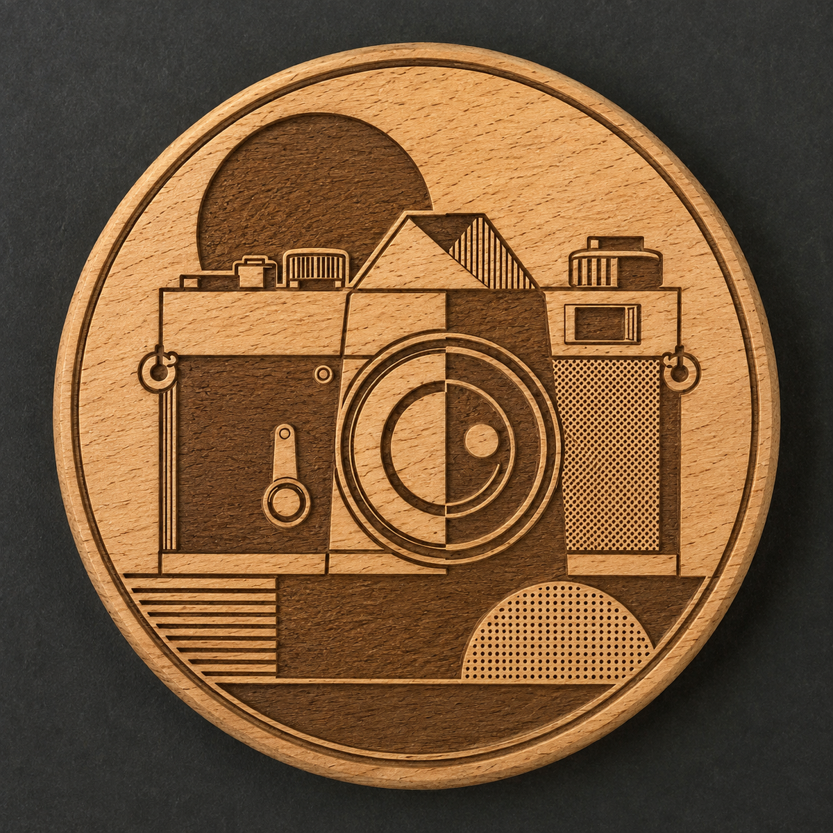 Bauhaus Camera wooden bottle opener and magnet front view