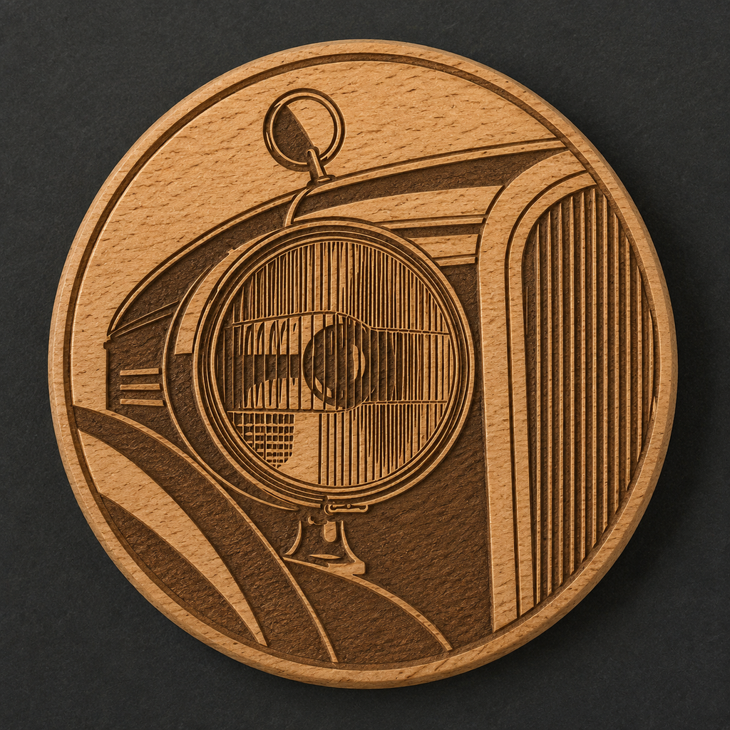 Bauhaus Vintage Car Headlight wooden bottle opener and magnet front view