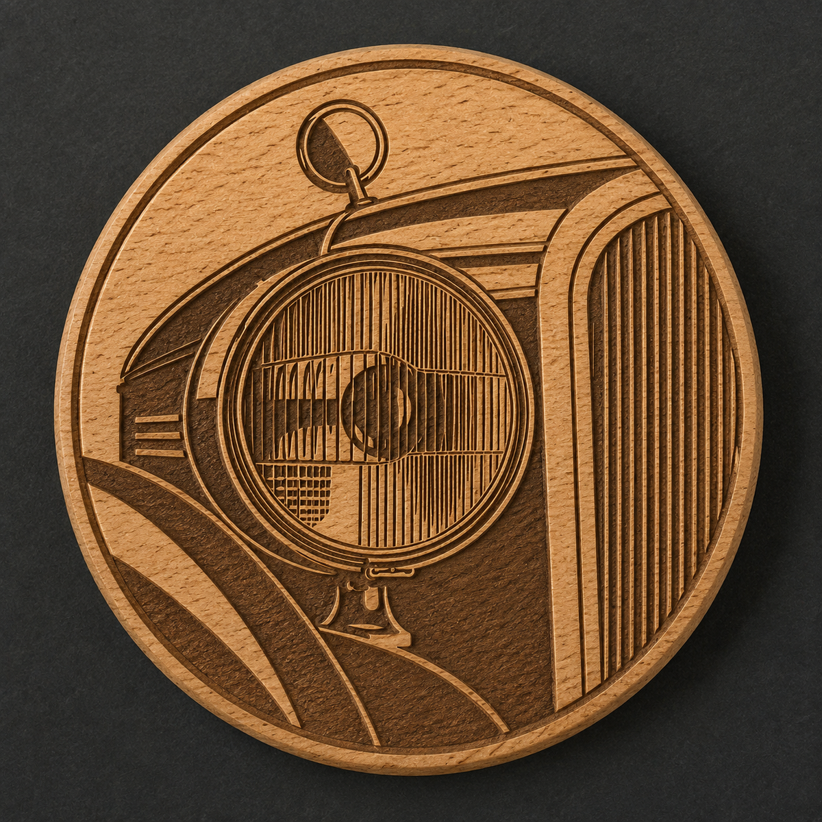 Bauhaus Vintage Car Headlight wooden bottle opener and magnet front view