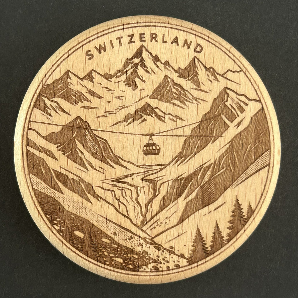 DESTAPADOR DE MADERA IMÁN PARA REFRIGERADOR Alpes suizos y teleférico (SW-003)