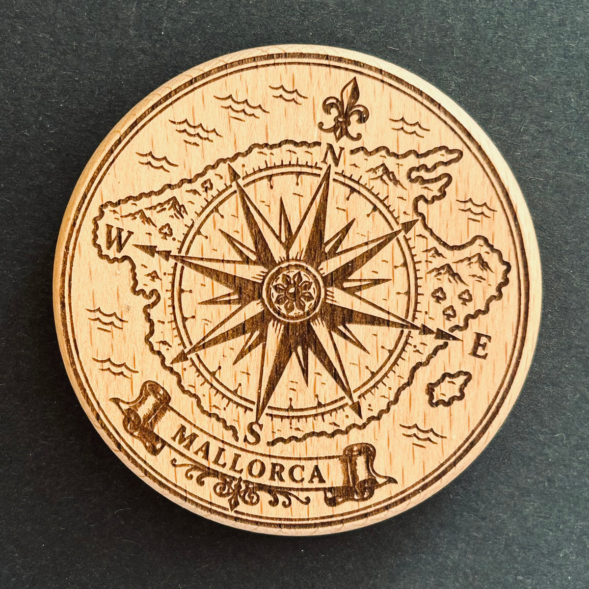 Magnetic Wooden Bottle Opener – Mallorca Map & Compass (MC-028)