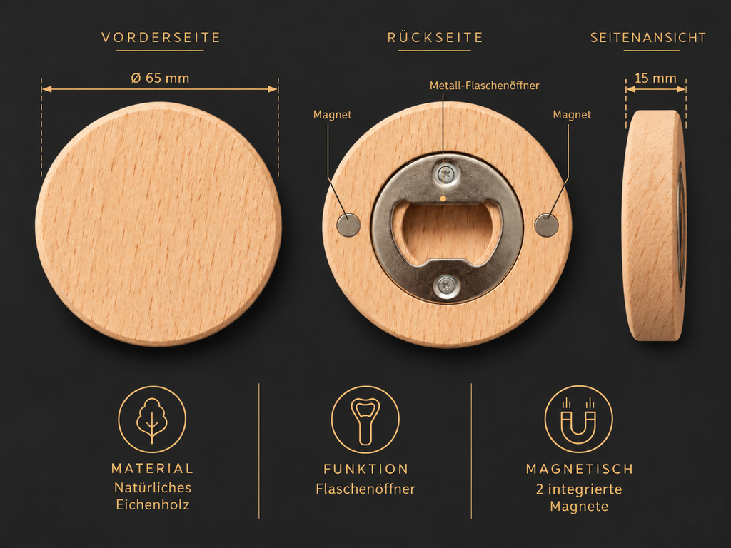 Produktdetails: Holz-Flaschenöffner Ø 65 mm, 15 mm stark, Metall-Flaschenöffner und zwei integrierte Magnete
